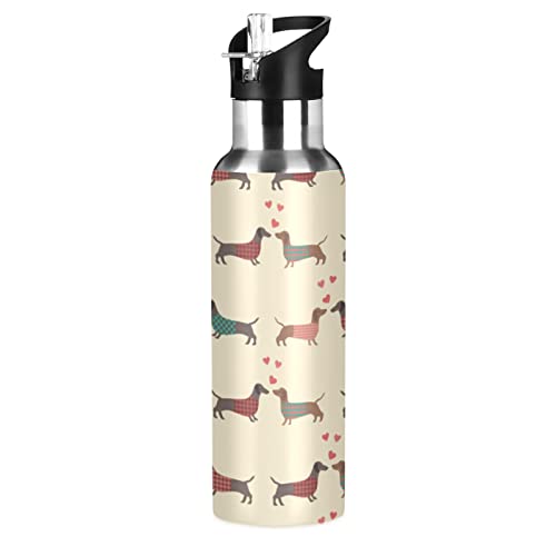 xigua Wasserflasche mit Strohhalm-Deckel, auslaufsicher, vakuumisoliert, Edelstahl, Dackel, Hunde, Muster, Sport, Wasserflaschen, 590 ml von xigua