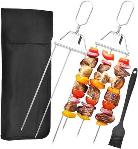 2 Stück Schaschlikspieße Edelstahl, Grillspieße Edelstahl, 3 Wege Fleischspieße, Wiederverwendbare Gasgrill BBQ, Spießhalter und Schaschlikgrill für Grillen Fleisch Gemüse von xinrongda