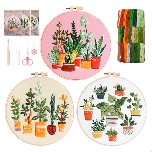xiruiubao Sticken Set Erwachsene Lernen Stickset für Anfänger 3 Stück Embroidery Kit mit Kunststoff Stickrahmen Anleitung Werkzeug,Grüne Pflanzen Handgemachtes DIY Stick Set von xiruiubao