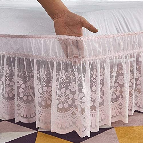 Elastischer Bettrock aus weicher Mikrofaser, mit Spitze und Rüschen, für Einzel-/Doppel-/King-Size-Betten, ohne Bettfläche, 38 cm Rüschenlänge (Rosa, 200 x 200 + 38 cm) von xitoio