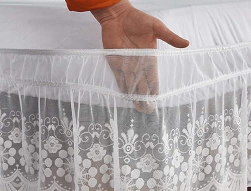 Elastischer Bettrock aus weicher Mikrofaser, mit Spitze und Rüschen, für Einzel-/Doppel-/King-Size-Betten, ohne Bettfläche, 38 cm Rüschenlänge (Weiß, 100 x 200 + 38 cm) von xitoio