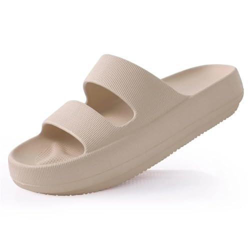 xiuling4568 Pillow Damen-Hausschuhe, rutschfest, schnelltrocknend, Duschrutschen, Badezimmer-Sandalen for den Innenbereich, weiches Kissen, Hausschuhe mit Dicker Sohle Chaussons(Khaki,37) von xiuling4568