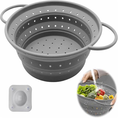 Faltbares Sieb 25cm + Anti-Verstopfung Silikonmatte (14.5cm Grau) | 3-in-1 Küchensieb Set mit Abflusschutz & Spülmaschinenfest | Für Nudeln, Reis, Haarsieb von xixiajou
