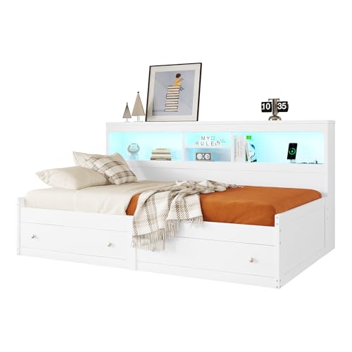 Daybett Tagesbett Schlafsofa, Nachtkästchen, Bett mit 2 USB- und 2 Ladebuchsen, Ambiente-Beleuchtung, Bett mit zwei Schubladen Lattenrost , Spanplatte, Weiß, 90×200cm (ohne Matratze) (Weiß) von xixiworkshop