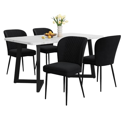 Essgruppe,Set 117×68×75cm Esstisch mit 4 Stühlen, Moderner Küchentisch,Schwarz Samt Esszimmerstühle , Polsterstuhl Design Stuhl mit Rückenlehne ,MDF Tischplatte in Weißer, Tischbeine (Schwarz) von xixiworkshop