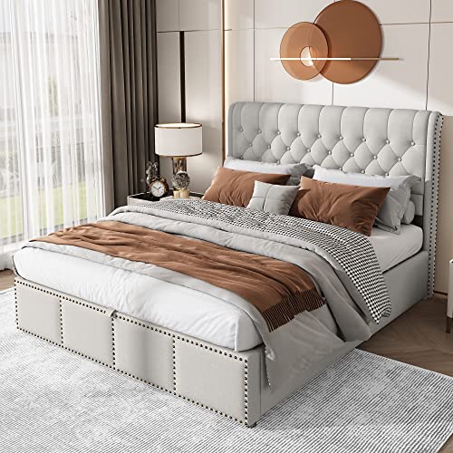 Polsterbett 140×200, Bett mit Stauraum Doppelbett Stabile Lattenrost Langlebig&Robust Kopfteil Funktionsbett Hydraulikbett Boxspringbett mit Bettgestelle Samt Stoff,ohne Matratze (Hellgrau, 140×200cm) von xixiworkshop