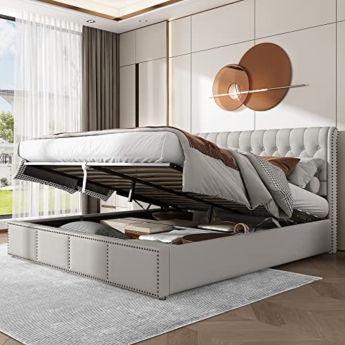 Polsterbett 160×200, Bett mit Stauraum Doppelbett Stabile Lattenrost Langlebig&Robust Kopfteil Funktionsbett Hydraulikbett Boxspringbett mit Bettgestelle Samt Stoff,ohne Matratze (Hellgrau, 160×200cm) von xixiworkshop
