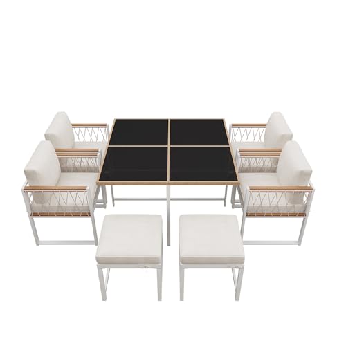 xixiworkshop 7-teiliges Esstisch Stuhlset Außenbereich 6 Personen, Tisch aus gehärtetem Glas mit PE-Rattan-Umwicklung, Handlaufplatte aus Akazienholz, geeignet für Mahlzeiten von xixiworkshop
