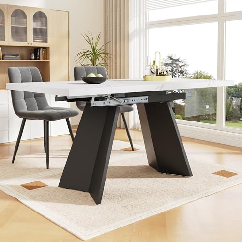xixiworkshop Esstisch Teleskoptisch(99-159×74cm), Ausziehbarer Esstisch, Küchentisch,Breite Arbeitsfläche,Säulenbeinen (Weiß+Grau) von xixiworkshop