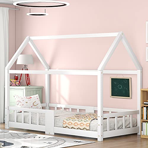 xixiworkshop Hausbett 90x200cm Kinderbett Rausfallschutz Bett, Montessori Bodenbett aus Kiefernholz, mit Lattenrost und 1 Tafel, ohne Matratze(Weiß) von xixiworkshop