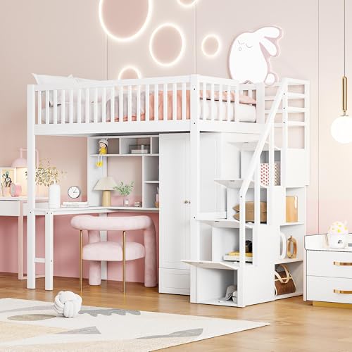 xixiworkshop Kinderbett Hochbett 90 * 200cm mit Schreibtisch/Kleiderschrank/Stauraum Treppen, Bett für Mädchen Jungen Hochbett Rausfallschutz ohne Matratze(Weiß) von xixiworkshop