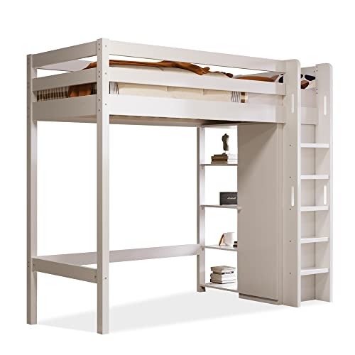 xixiworkshop Kinderbett Hochbett mit Kleiderschrank und 6 Regalen Einzelbett Liegefläche 90x200 cm -208x110x186(BxTxH) Weiß von xixiworkshop