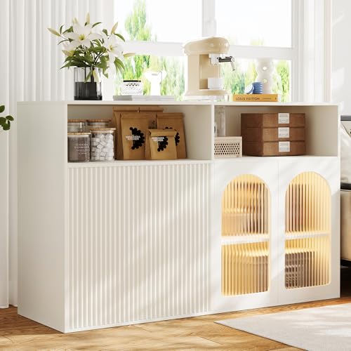 xixiworkshop Kommode Sideboard mit 4 Schiebetüren und 2 Ablageflächen, 140x35x90cm(BxTxH), Moderne Glastüre, Mehrzweckschrank Kommode für Wohnzimmer Schlafzimmer, Küchenanrichte von xixiworkshop