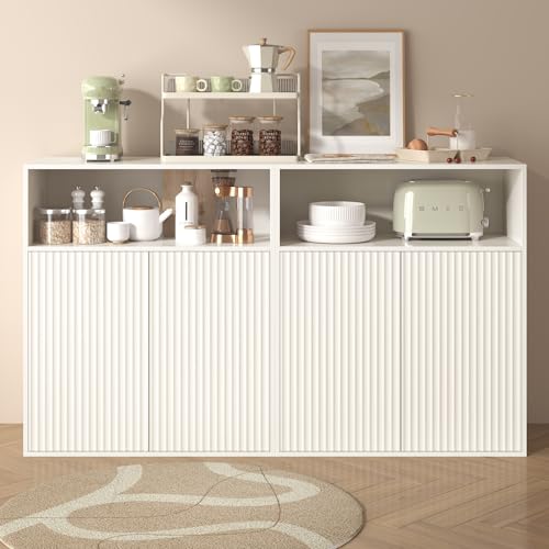 xixiworkshop Kommode Sideboard mit 4 Schiebetüren und 2 Ablageflächen, 140x35x90cm(BxTxH), Moderne Glastüre, Mehrzweckschrank Kommode für Wohnzimmer Schlafzimmer, Küchenanrichte von xixiworkshop