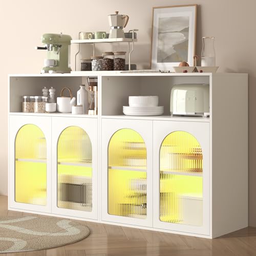xixiworkshop Kommode Sideboard mit 4 Schiebetüren und 2 Ablageflächen, 140x35x90cm(BxTxH), Moderne Glastüre, Mehrzweckschrank Kommode für Wohnzimmer Schlafzimmer, Küchenanrichte von xixiworkshop