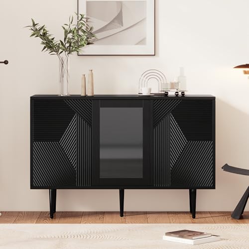 xixiworkshop Kommode Sideboard mit Beleuchtung Schwarz Marmor Optik Smart Wohnzimmerschrank Bluetooth Steuerung Vertikale Streifen Anrichte Aufbewahrungsschrank (Schwarz, 120 x 38 x 79.5 cm) von xixiworkshop