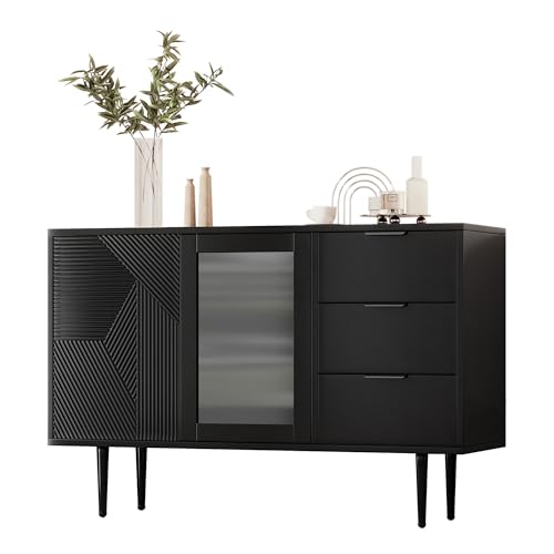 xixiworkshop Kommode mit 3 Schubladen und 2 Türen, mit Metalfüßen und Glastüren, Weiß /, Maße: 120 x 38 x 79.5 cm (Schwarz) von xixiworkshop