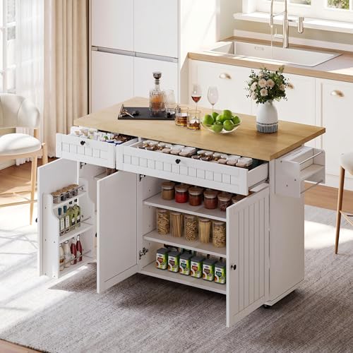 xixiworkshop Küchenschrank mit Klappbarer Arbeitsplatte, Kücheninsel Freistehend für Küche und Esszimmer, Küchenschränke mit 3 Türen, Großer Stauram, 137x70x89,5cm(LxBxH), Weiß von xixiworkshop