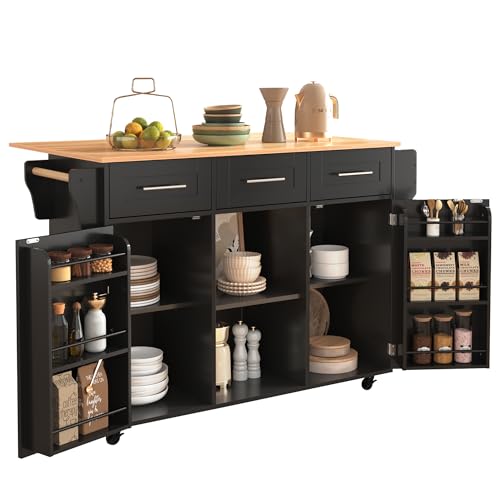 xixiworkshop Küchenschrank mit Klappbarer Arbeitsplatte, Kücheninsel Freistehend für Küche und Esszimmer, Küchenschränke mit 3 Türen, Großer Stauram, 139x71x91,5cm(LxBxH) von xixiworkshop
