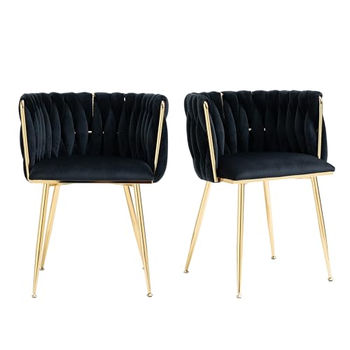 xixiworkshop Modernes luxuriöses Samt-Esszimmerstuhl-Set mit goldenen Metallbeinen, elegantem handgewebtem Design und weichen Kissen für Esszimmer, Wohnzimmer und Schlafzimmer (2er-Set) (Schwarz) von xixiworkshop