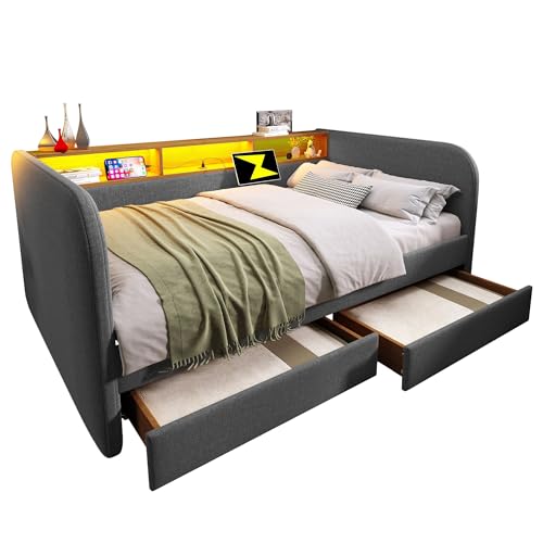 xixiworkshop Polsterbett Tagesbett 140x190 cm, Schlafsofa mit LED und USB-C Ladefunktion, Daybett mit 2 Schubladen und Stauraum-Kopfteil, Leinen, Grau/Hellbeige (Ohne Matratze) (Grau) von xixiworkshop
