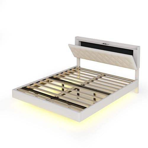 xixiworkshop Polsterbett mit USB-Ladeanschluss, Doppelbett in hautfreundlichem Leinenstoff mit Lattenrost Beige,140×200 cm (Beige, 140 x 200 cm) von xixiworkshop