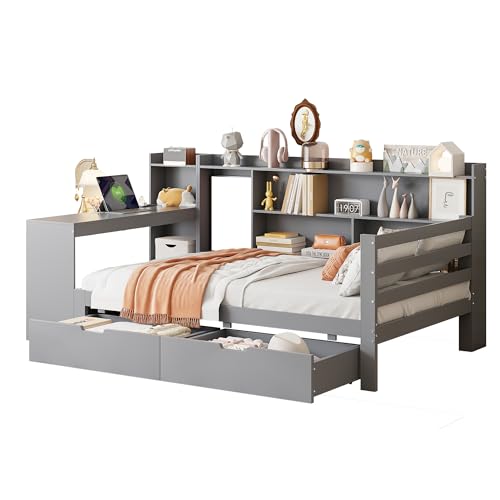xixiworkshop Schlafsofa aus Massivholz 90×200 cm, mit Schreibtisch Bücherregalen Ablagefächern und Regalen, Mit Steckdose und Unterbett ausziehbarem Bett, Multifunktionales Holzbett(Grau, 90×200 cm) xixiworkshop Schlafsofa aus Massivholz 90×200 cm, mit Schreibtisch Bücherregalen Ablagefächern und Regalen, Mit Steckdose und Unterbett ausziehbarem Bett, Multifunktionales Holzbett(Grau, 90×200 cm) von xixiworkshop