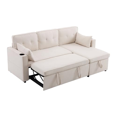 xixiworkshop Schlafsofa mit Schlaffunktion L-förmiges Sofa Polstermöbel Sofa Chaiselongue mit Stauraum Taschenbecherhalter Wohnzimmer Schlafsofa Links rechts austauschbare (Beige, L-förmiges) von xixiworkshop