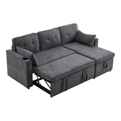 xixiworkshop Schlafsofa mit Schlaffunktion L-förmiges Sofa Polstermöbel Sofa Chaiselongue mit Stauraum Taschenbecherhalter Wohnzimmer Schlafsofa Links rechts austauschbare (Grau, L-förmiges) von xixiworkshop