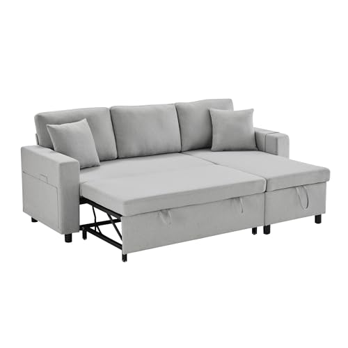 xixiworkshop Schlafsofa mit Schlaffunktion L-förmiges Sofa Polstermöbel Sofa Chaiselongue mit Stauraum Taschenbecherhalter Wohnzimmer Schlafsofa Links rechts austauschbare (Hellgrau, L-förmiges) von xixiworkshop