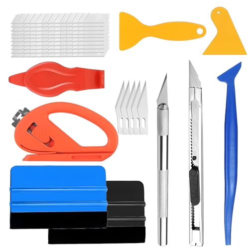 xlwens Folien Werkzeug Vinylfolienset,24-Teiliges Set,Autofolie Rakel Set,Folierungs Werkzeug Set,mit 2 Filzrakel Rakel,15-Klingen,Gravurmesser usw,24 Stück insgesamt von xlwen
