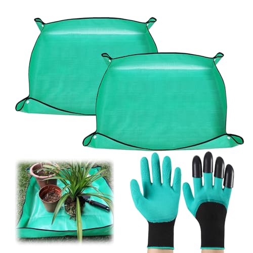 xlwens wasserdichte Gartenmatte,2 Stück,Tragbare Gartenmatte,wasserdichte Pflanzen-Umtopfmatte,Faltbare Gartenmatte,75cm*75cm,PE-Kunststofffolie,Doppelseitig wasserdicht,Mit Gartenhandschuhen,Grün von xlwen