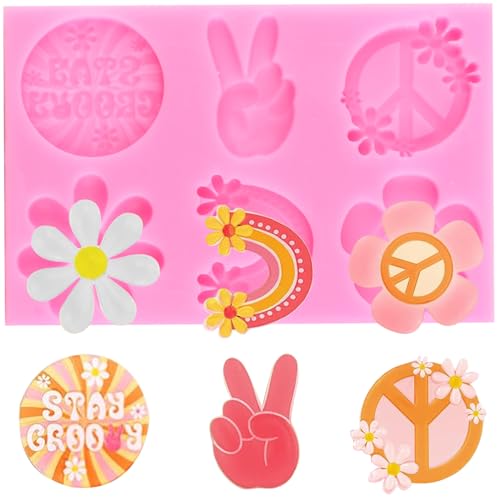 XMOLDNMS Groovy Boho Fondant Formen Groovy Hippie Silikonformen Gänseblümchen Blume Regenbogen Peace & Love Form für Kuchen Dekorieren Cupcake Topper Schokolade Süßigkeiten Gummi Paste Polymer Clay von xmoldnms