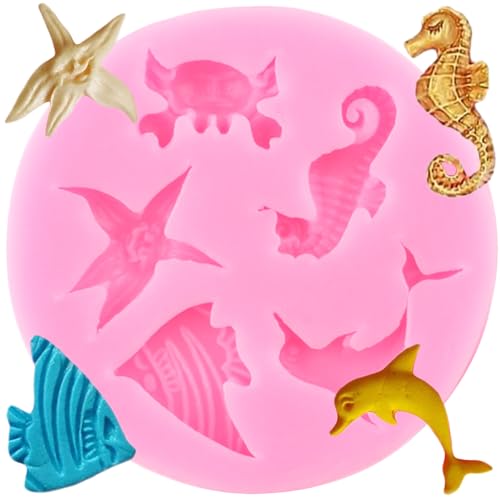 XMOLDNMS Meeresmotiv Silikonform Seepferdchen Delfin Krabbe Seestern Fisch Fondant Formen für Kuchendekoration Schokolade Cupcake Topper Polymer Clay Gummipaste von xmoldnms