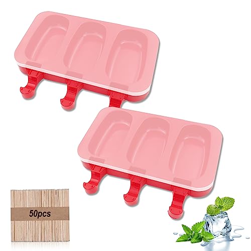 2 Pcs Eisformen Silikon, 3 Kavitäten Eis am Stiel Formen, Stieleisformen, BPA Frei Kuchen Eis am Stiel Backform, Popsicle Molds Set mit 50 Stiel und Silikondeckel für DIY Dessert (Rot) von xocome