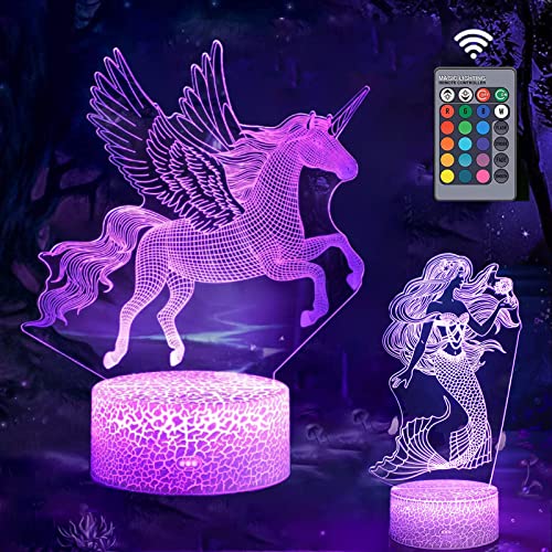 3D-Einhorn-Nachtlicht, Meerjungfrau, 16 Farben, 2 Muster, automatische Abschaltung, mit Smart-Touch-Funktion und Fernbedienung, Einhornlichter für Mädchen, Zimmer-Spielzeug von xocome