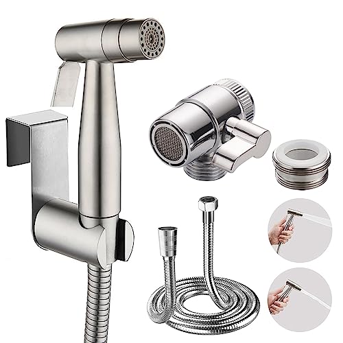 Bidet Edelstahl Handbrause, Doppelte Funktion Muslimische Edelstahldusche - mit Wasserhahnspender, 59”Schlauch- und Hakentoilette oder Wandhalterung von xocome