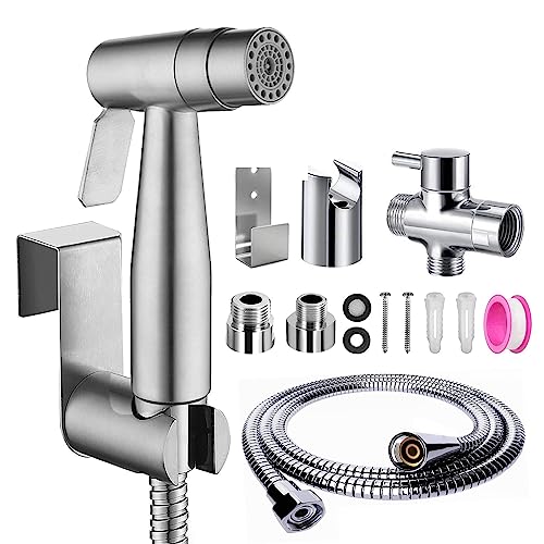 Bidet Edelstahl Handbrause, Toilette Bad Bidet für Bidet Armaturen WC mit G1/2" T-Ventil und eine G3/8" Adapte, 59 Zoll Schlauch- und Hakentoilette Oder Wandhalterung von xocome