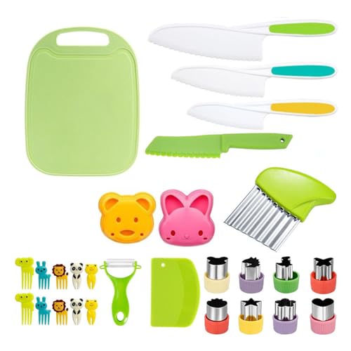 Kindermesser ab 3 Jahre, 28 Stück Kinder Messer Set, Sicher Kinder Schneidemesser, Schneidebrett und Schäler etc Kinder Kochset für Echtes Kochen für Jungen und Mädchen von xocome