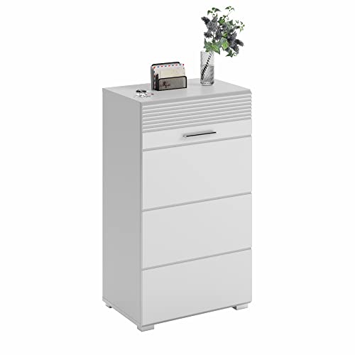 xonox.home Garderobe Linus Schuhkommode Schuhschrank Kommode Highboard Stauraumschrank in Front weiß Hochglanz Korpus weiß, ca.37x55x96 cm von xonox.home