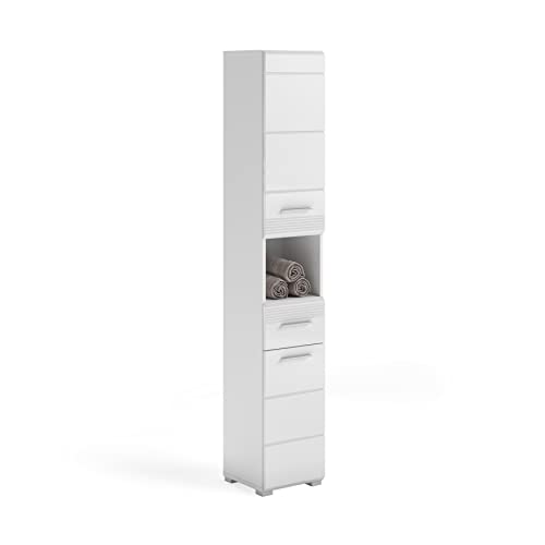 xonox.home Badezimmer Linus Hochschrank Schrank Kommode hoch Badschrank hochschrank Bad Hochschrank schmaler Schrank in weiß Hochglanz, ca.30x182x31 cm von xonox.home