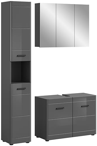 xonox.Home Badezimmer Soft 3tlg. Kombination Badmöbel Set kleine Bäder Komplettprogramm Bademöbel-Set in Front grau Hochglanz MDF TZ Korpus grau Nb. von xonox.home