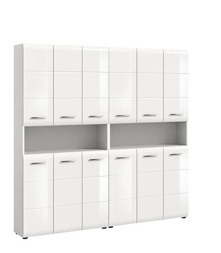 xonox.home – 2 TLG. Badmöbel Kombination Ice 180x185x30 cm in Korpus weiß Nachbildung und Front weiß Hochglanz – Platzsparendes Badezimmermöbel-Set in modernem Hochglanz-Look von xonox.home