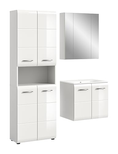 xonox.home – 3 TLG. Badezimmermöbel Kombination Ice 135x185x46 cm in Korpus weiß Nachbildung und Front weiß Hochglanz – Badkombination mit klarer Linienführung – edel & platzsparend von xonox.home