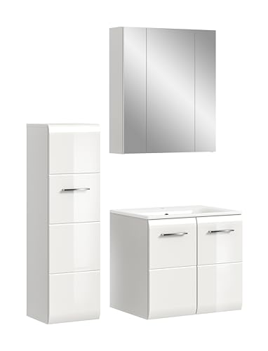 xonox.home – 3 TLG. Badmöbel Kombination Ice 105x185x46 cm in Korpus weiß Nachbildung und Front weiß Hochglanz – Platzsparendes Badezimmermöbel-Set in modernem Hochglanz-Look von xonox.home