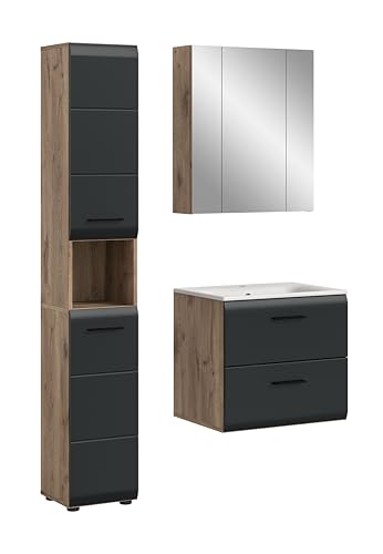 xonox.home – 3 TLG. Badmöbel-Set Ice 105x185x46 cm in Korpus Nox Oak Nachbildung und Front schwarz matt – Zeitgemäße Kombination für Dein Bad – funktional, hell & modern von xonox.home