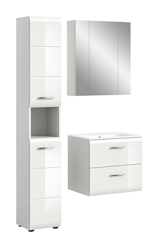 xonox.home – 3 TLG. Badmöbel-Set Ice 105x185x46 cm in Korpus weiß Nachbildung und Front weiß Hochglanz – Zeitgemäße Kombination für Dein Bad – funktional, hell & modern von xonox.home