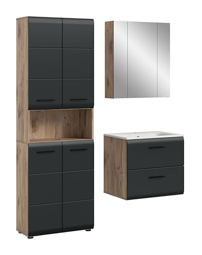xonox.home – 3 TLG. Kompakte Badkombination Ice 135x185x46 cm in Korpus Nox Oak Nachbildung und Front schwarz matt – Stilvolles Möbel-Set für Moderne Badezimmer – pflegeleicht & funktional von xonox.home