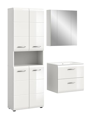xonox.home – 3 TLG. Kompakte Badkombination Ice 135x185x46 cm in Korpus weiß Nachbildung und Front weiß Hochglanz – Stilvolles Möbel-Set für Moderne Badezimmer – pflegeleicht & funktional von xonox.home