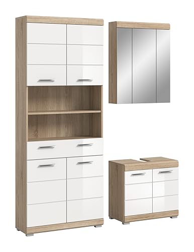 xonox.home – 3 teilige Badmöbel Kombination Lambada 149x191x34 cm in Korpus Sonoma Eiche hell und Front weiß Hochglanz – Platzsparendes Badezimmermöbel-Set in modernem Hochglanz-Look von xonox.home